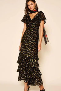 Thumbnail for AMELLE DRESS SCATTER DEVORE GOLD-DRESS-RIXO-Debs Boutique