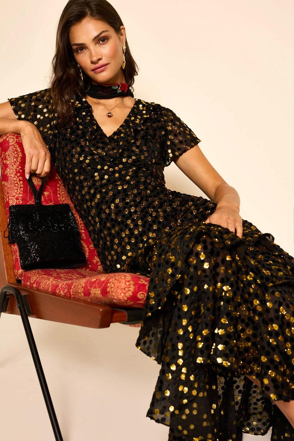AMELLE DRESS SCATTER DEVORE GOLD-DRESS-RIXO-Debs Boutique