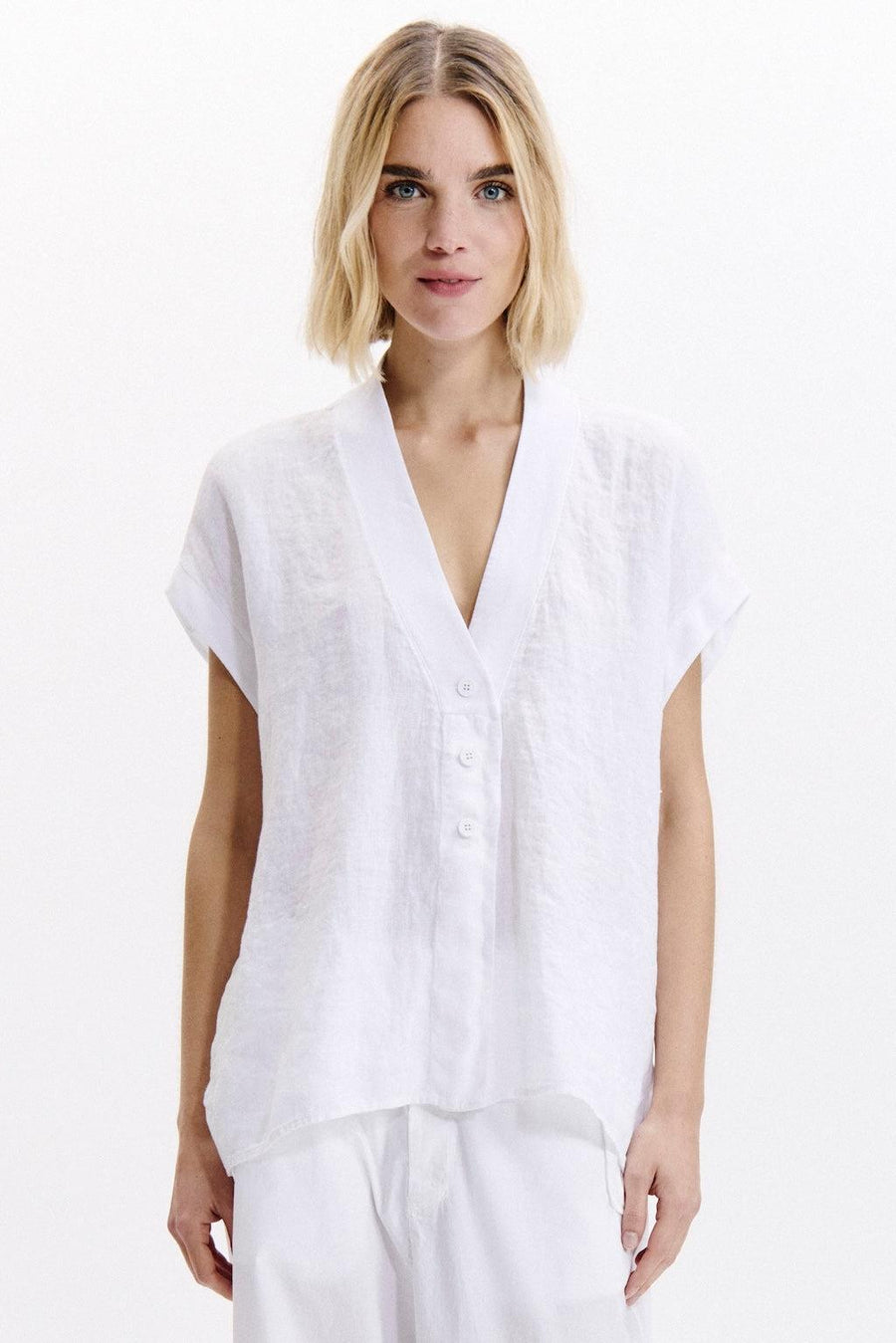 Linen Button Through Top B112 White-Tops-Transit-Debs Boutique