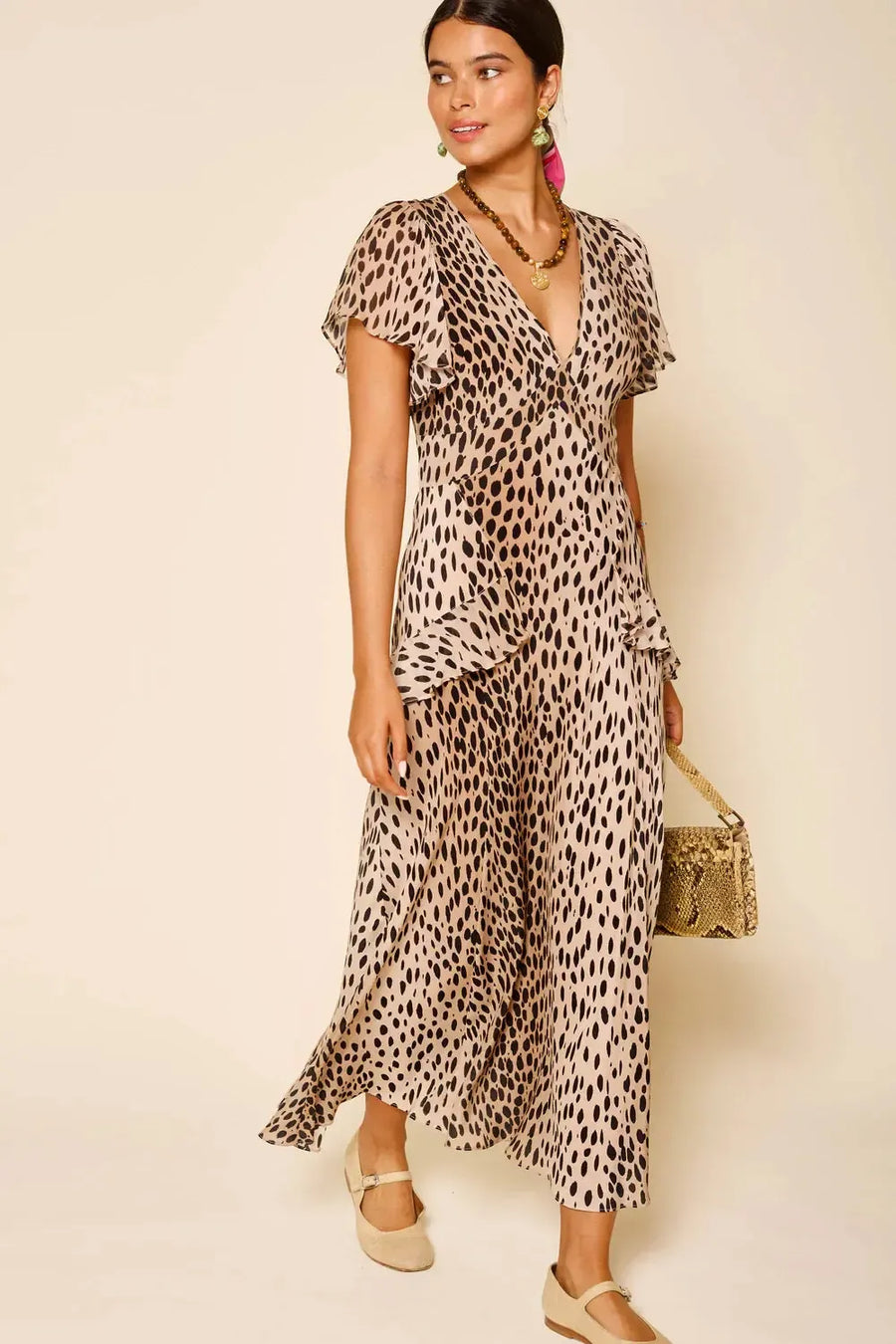 Evie Dress Antelope Spot Black-Dress-Rixo-Debs Boutique