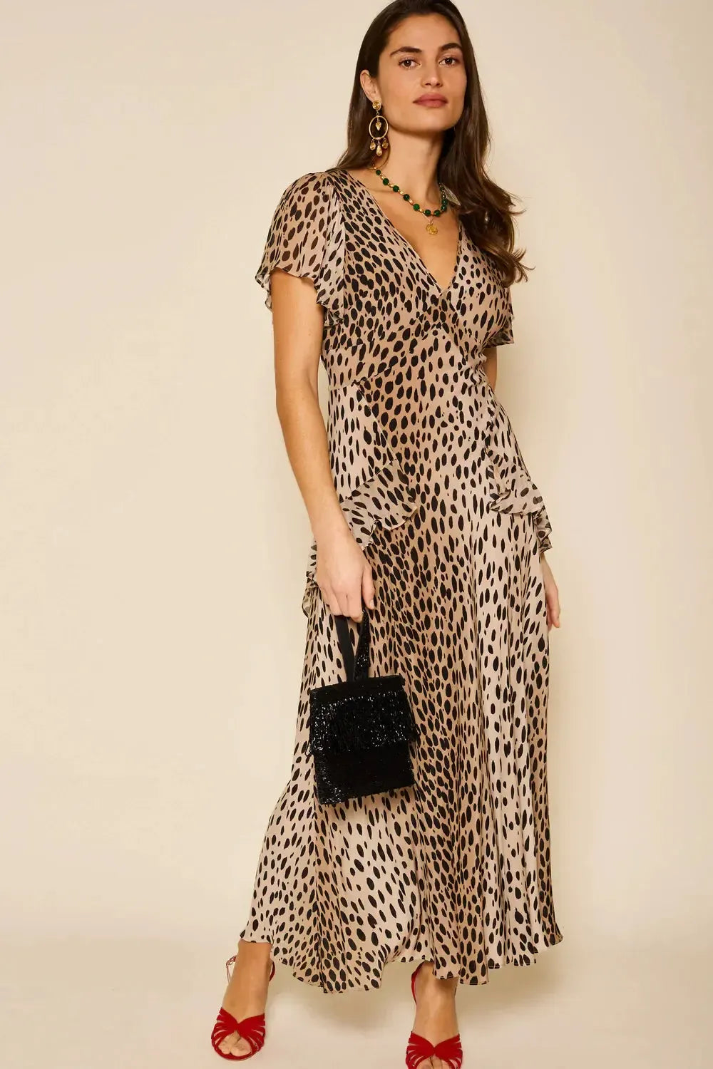 Evie Dress Antelope Spot Black-Dress-Rixo-Debs Boutique