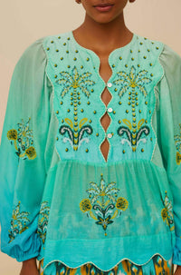 Thumbnail for Turquoise Palm Tree Tapestry Blue Wavy Yoke Blouse-Tops-Farm Rio-Debs Boutique
