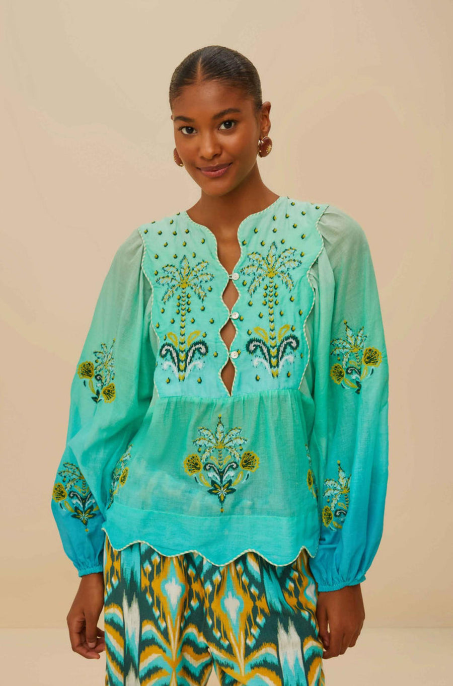 Turquoise Palm Tree Tapestry Blue Wavy Yoke Blouse-Tops-Farm Rio-Debs Boutique