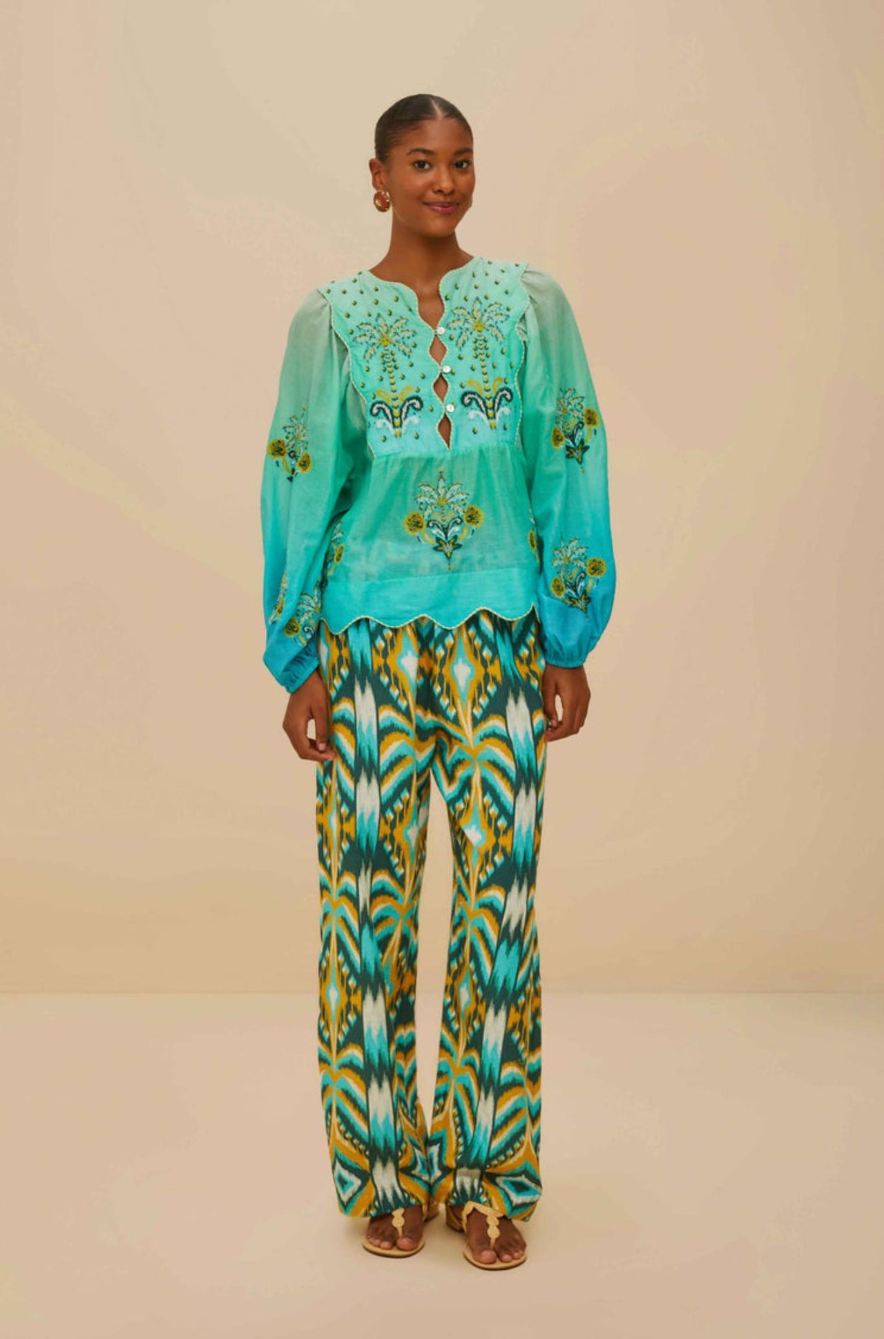 Turquoise Palm Tree Tapestry Blue Wavy Yoke Blouse-Tops-Farm Rio-Debs Boutique
