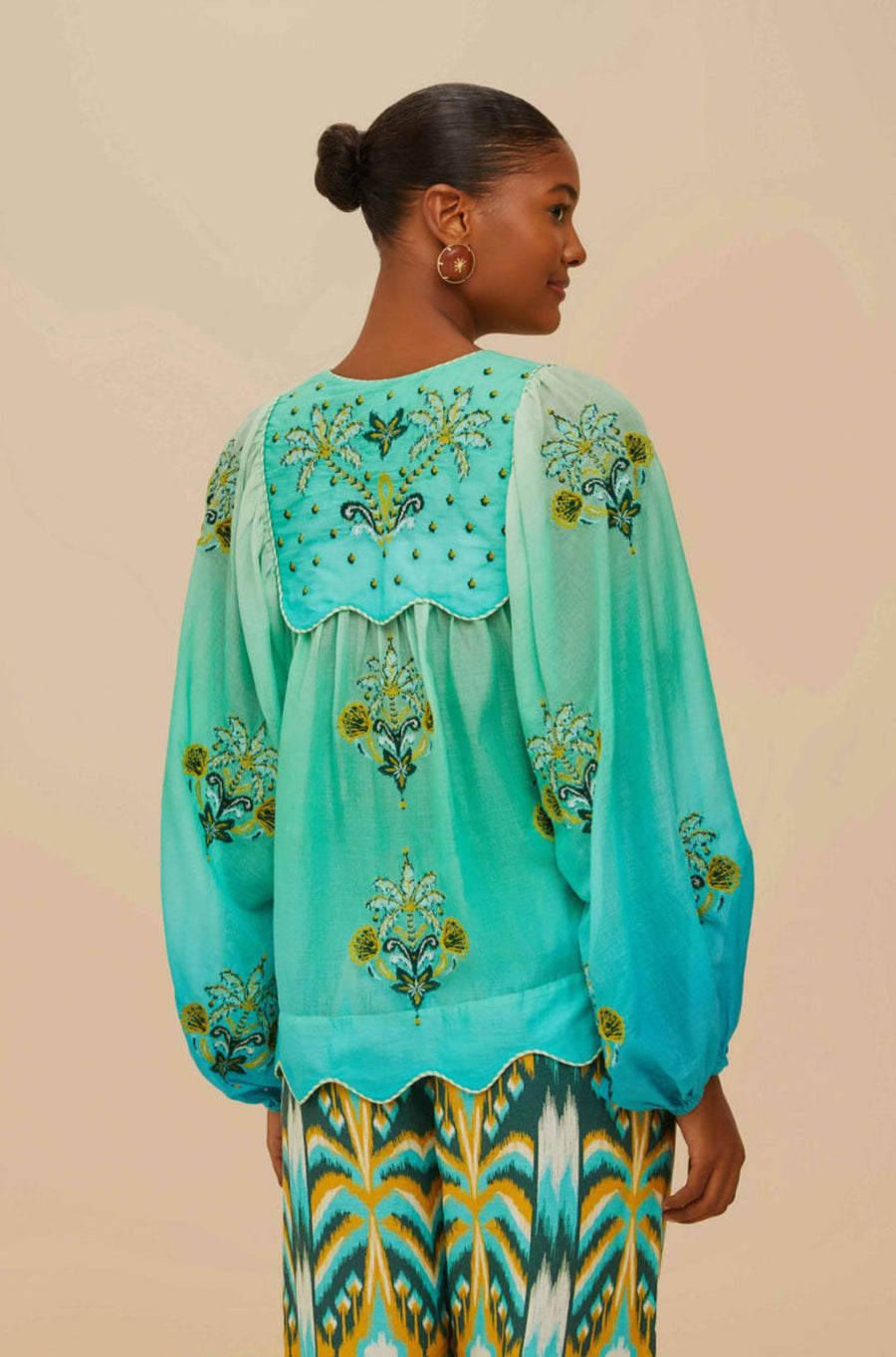Turquoise Palm Tree Tapestry Blue Wavy Yoke Blouse-Tops-Farm Rio-Debs Boutique