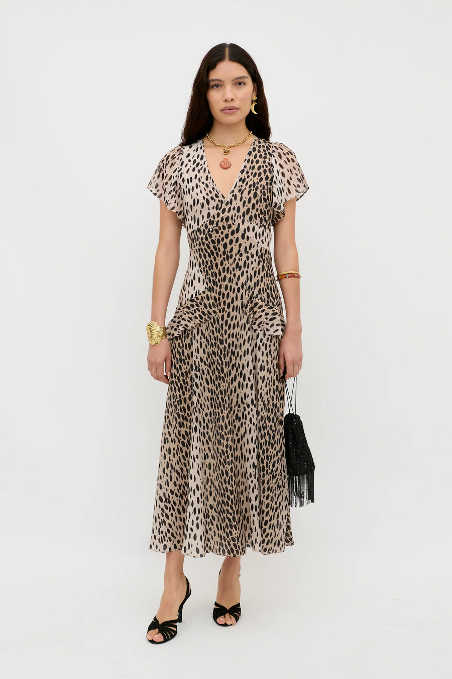 Evie Dress Antelope Spot Black-Dress-Rixo-Debs Boutique