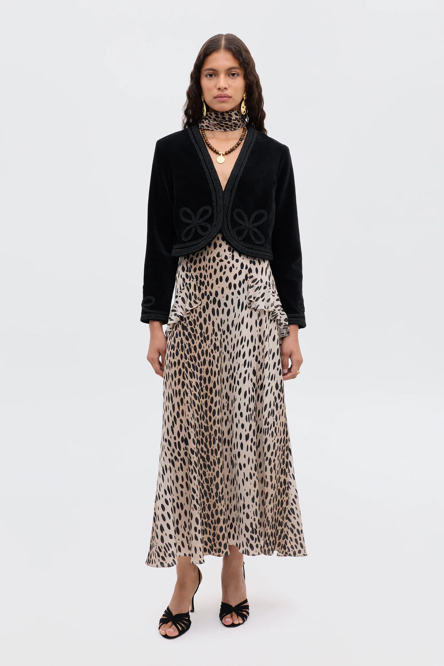 Evie Dress Antelope Spot Black-Dress-Rixo-Debs Boutique