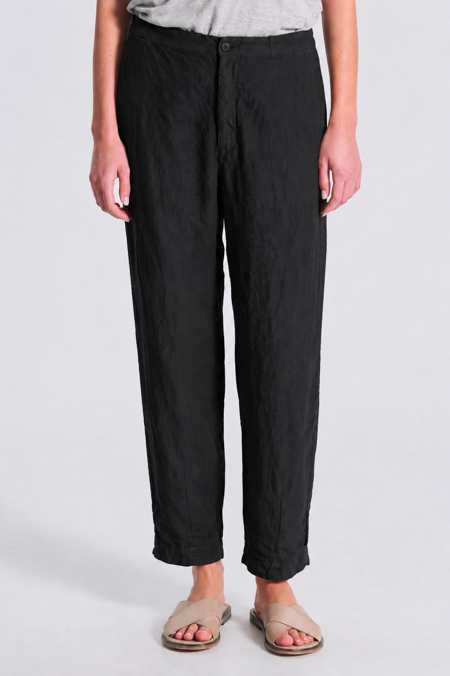 Linen Elastic Back Slim Black Pant