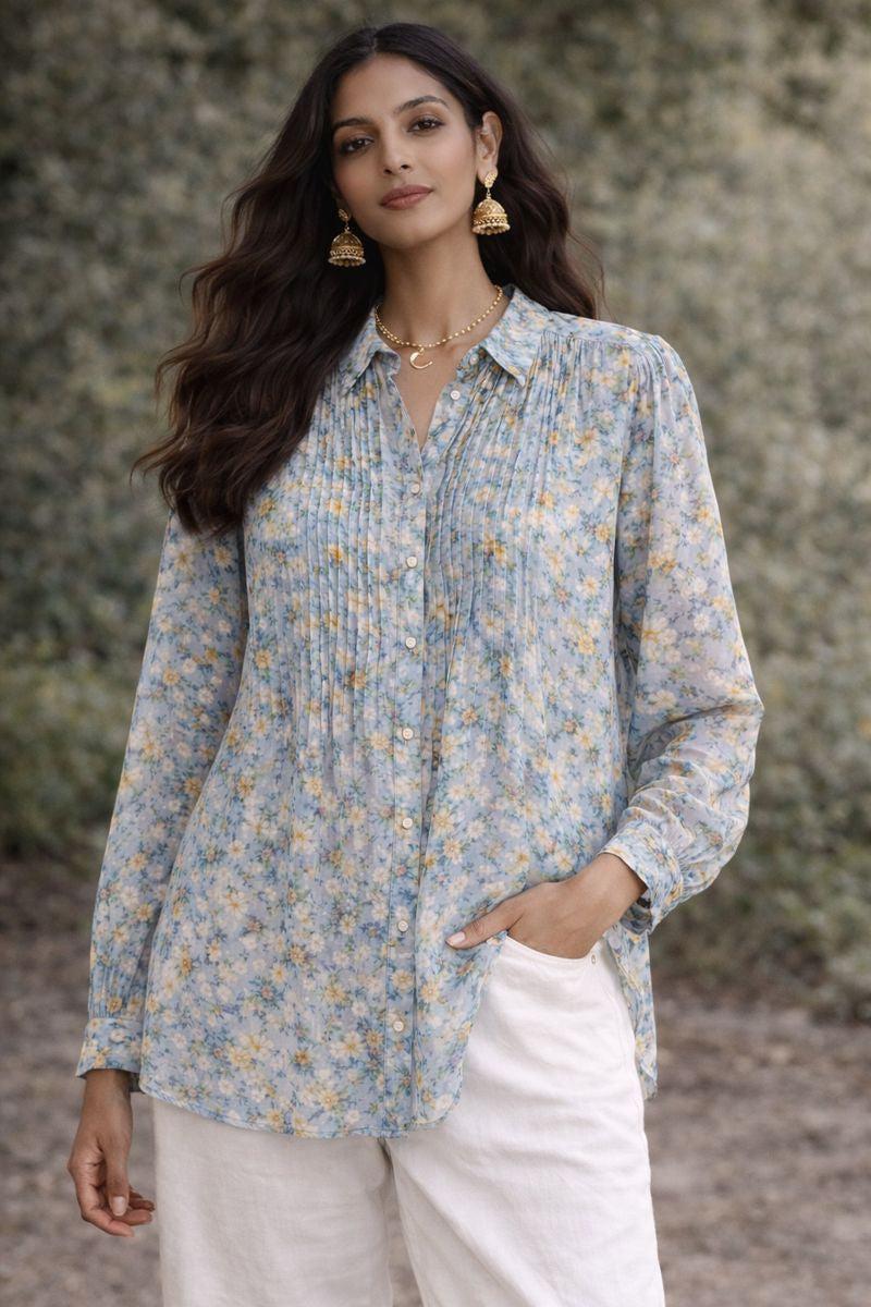 Fine Blue Floral Tucked Shirt