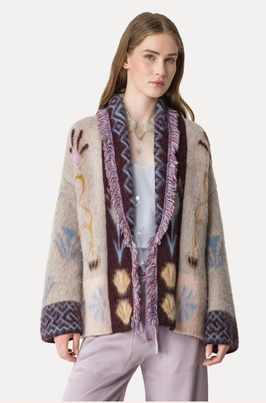 Baby Alpaca "Sogni" Jacquard Long Cardigan Avorio-SWEATERS & CARDIGANS-Forte_Forte-Debs Boutique