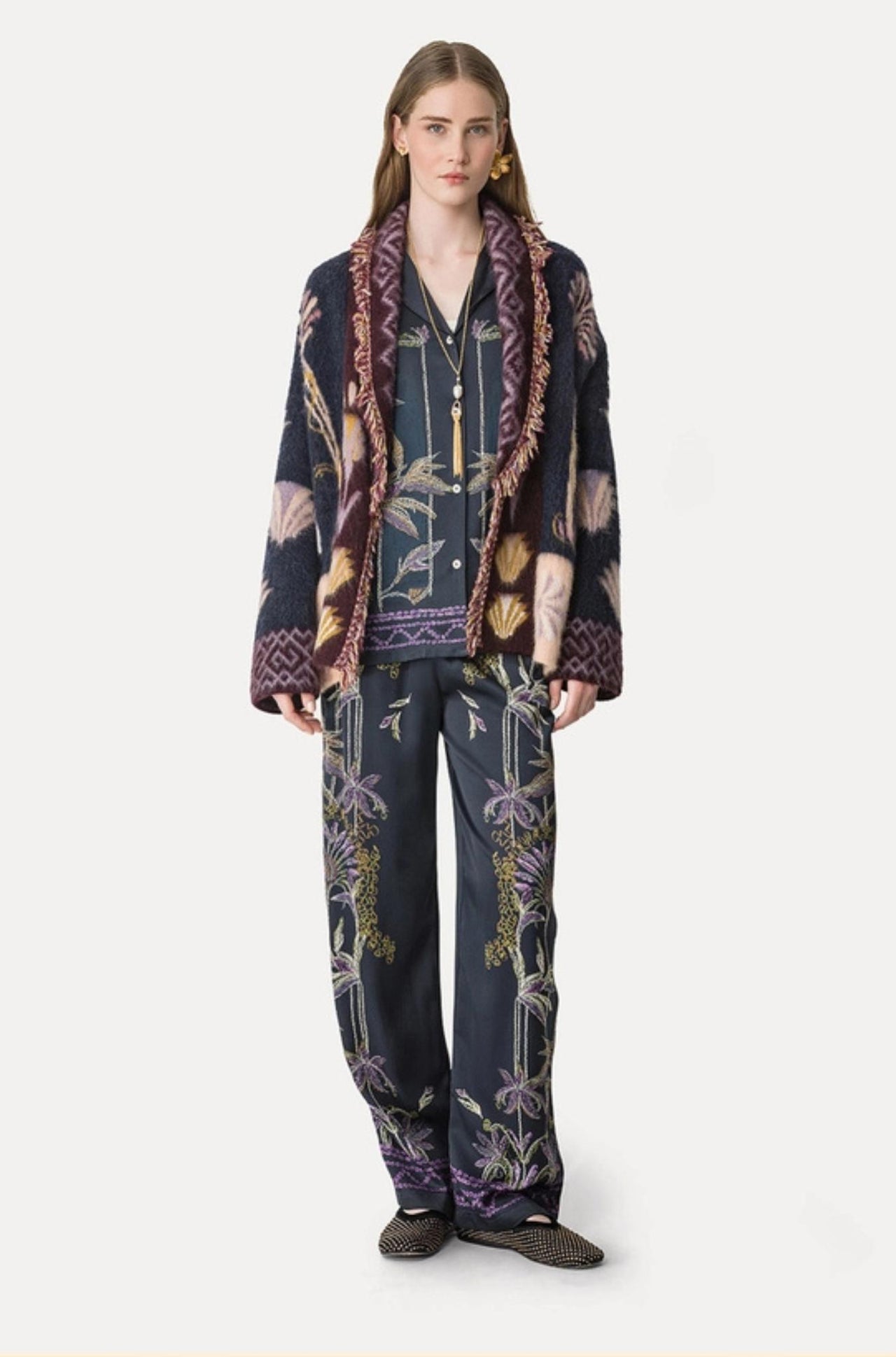 Baby Alpaca "Sogni" Jacquard Long Cardigan Notte-SWEATERS & CARDIGANS-Forte_Forte-Debs Boutique