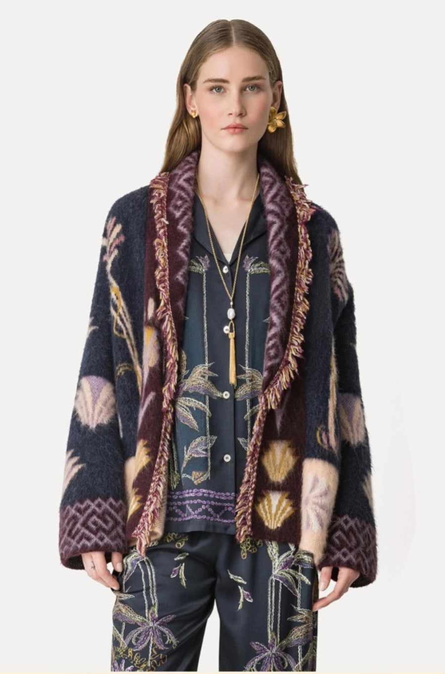 Baby Alpaca "Sogni" Jacquard Long Cardigan Notte-SWEATERS & CARDIGANS-Forte_Forte-Debs Boutique