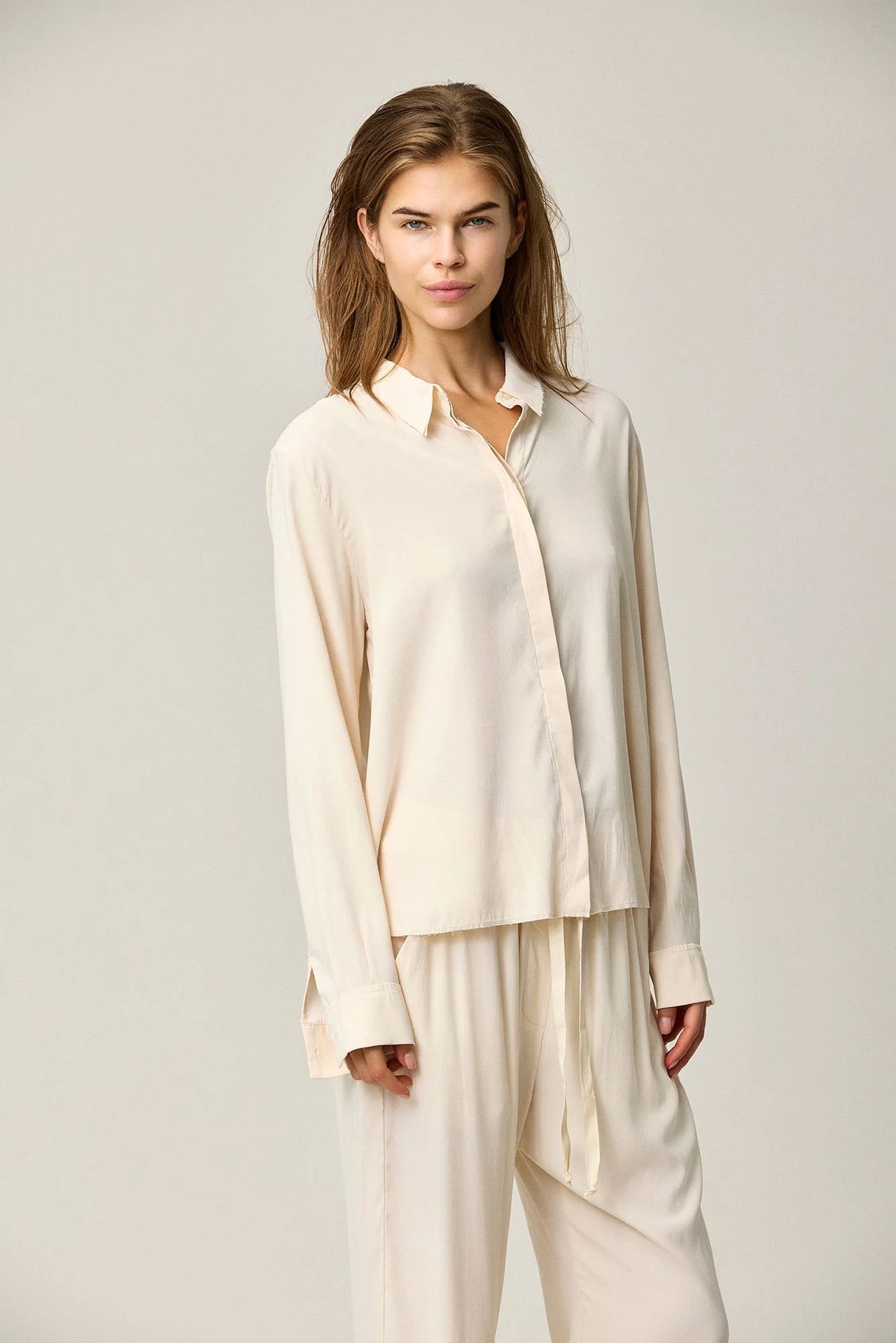 Silk Satin Flared Shirt - Pale Pesca