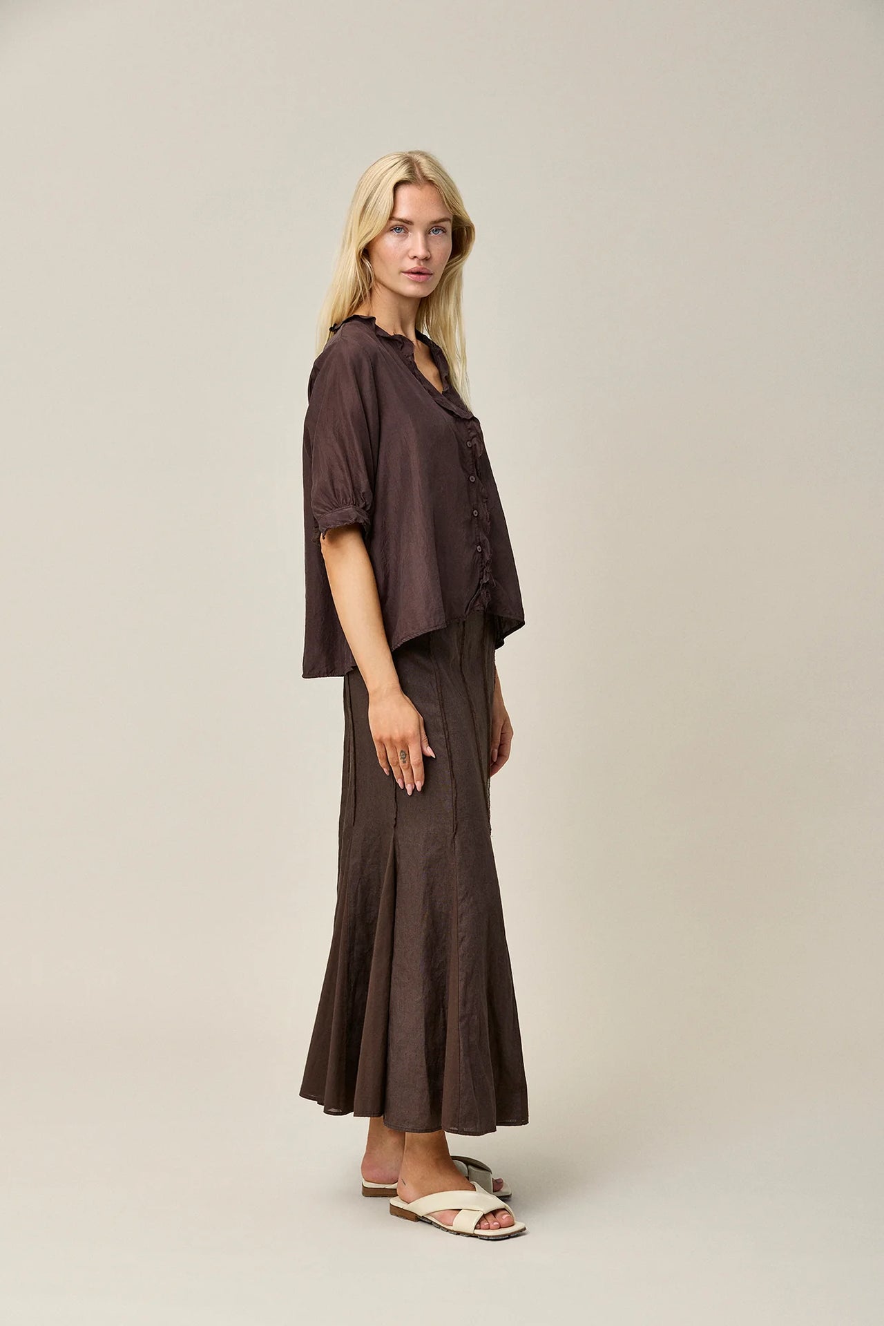 Silk Habotai Frill Blouse - Coffee
