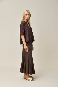 Thumbnail for Silk Habotai Frill Blouse - Coffee