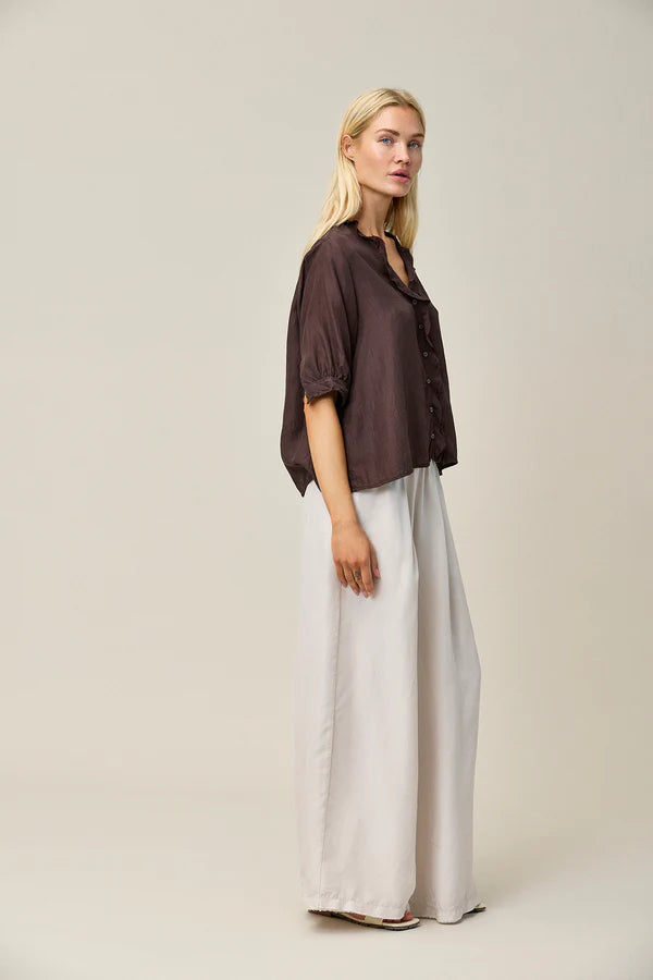 Silk Habotai Frill Blouse - Coffee