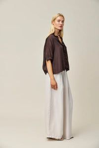 Thumbnail for Silk Habotai Frill Blouse - Coffee