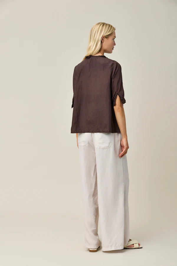 Silk Habotai Frill Blouse - Coffee