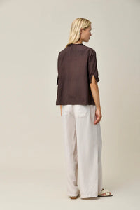 Thumbnail for Silk Habotai Frill Blouse - Coffee