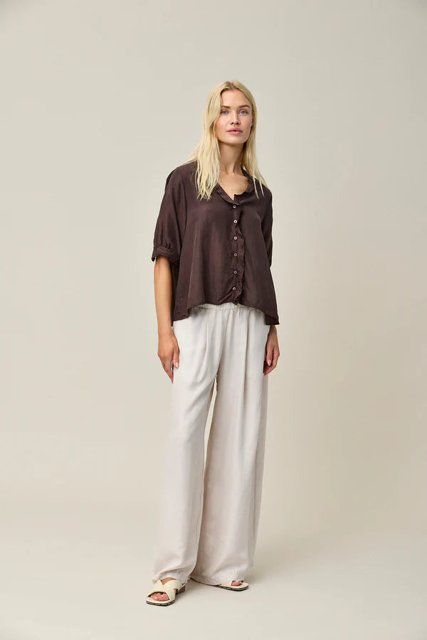 Silk Habotai Frill Blouse - Coffee