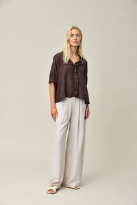 Thumbnail for Silk Habotai Frill Blouse - Coffee