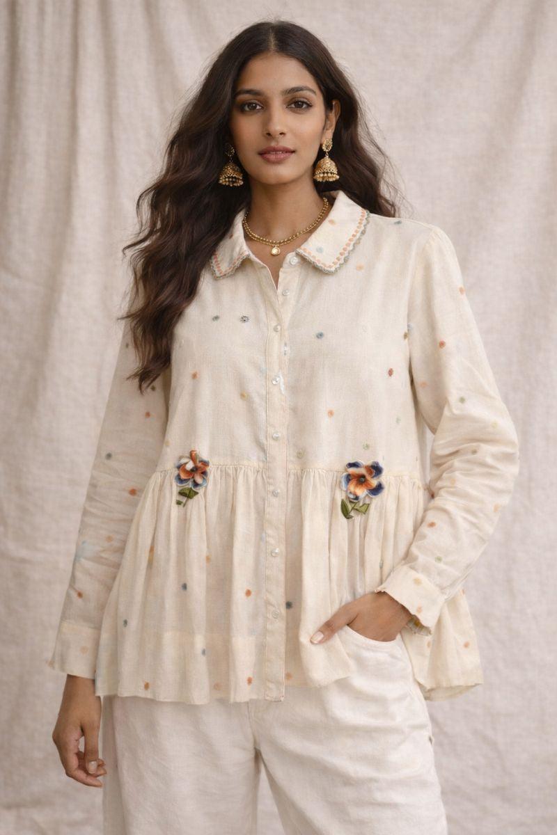 White Cotton Embroidered Shirt-Tops-Dhaari-Debs Boutique