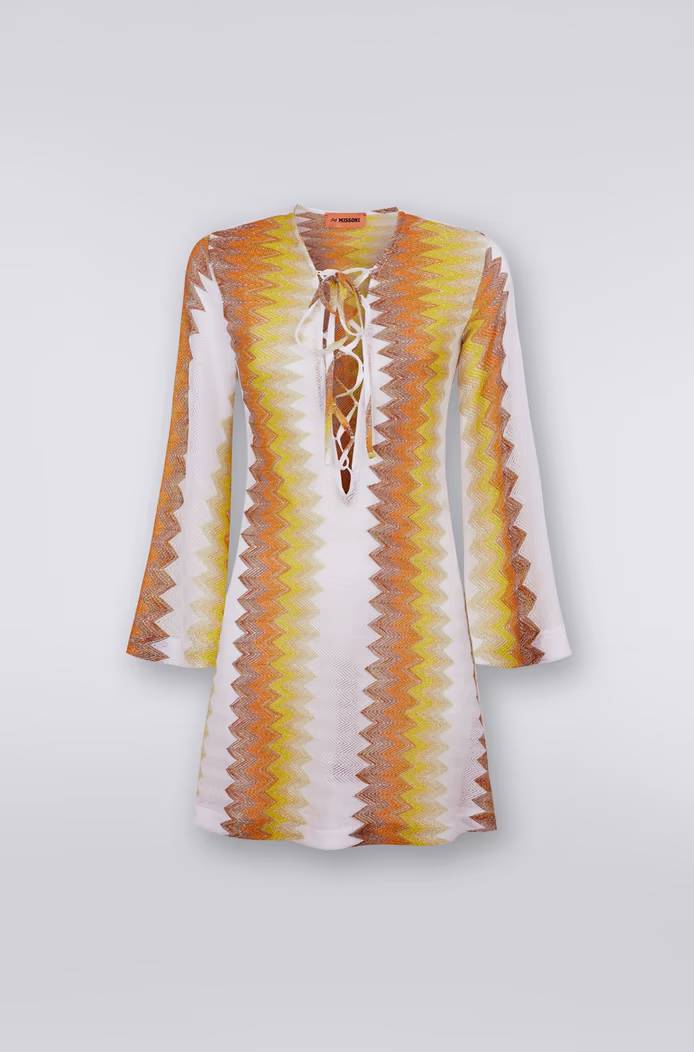Long-sleeved kaftan in viscose blend with zigzag lamé.-Dress-M Missoni-Debs Boutique
